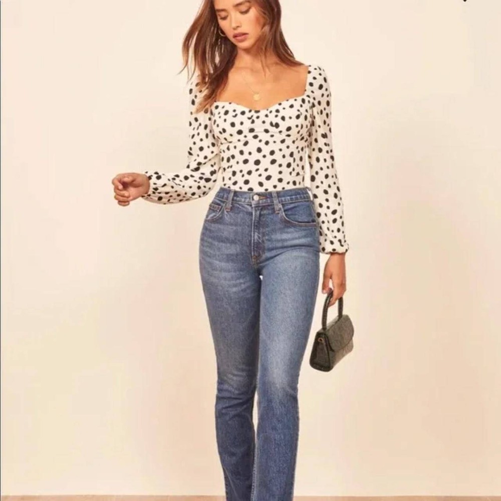 Reformation Reign Ink Blot Polka Dot Top Smocked Back Long Sleeve Blouse Size 8 - Picture 3 of 9